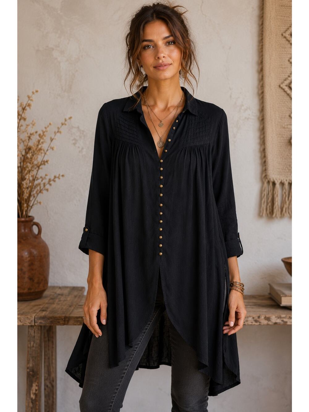 Maeve Anthropologie Black Tunic Blouse Pintuck Button Front High Low Boho Med